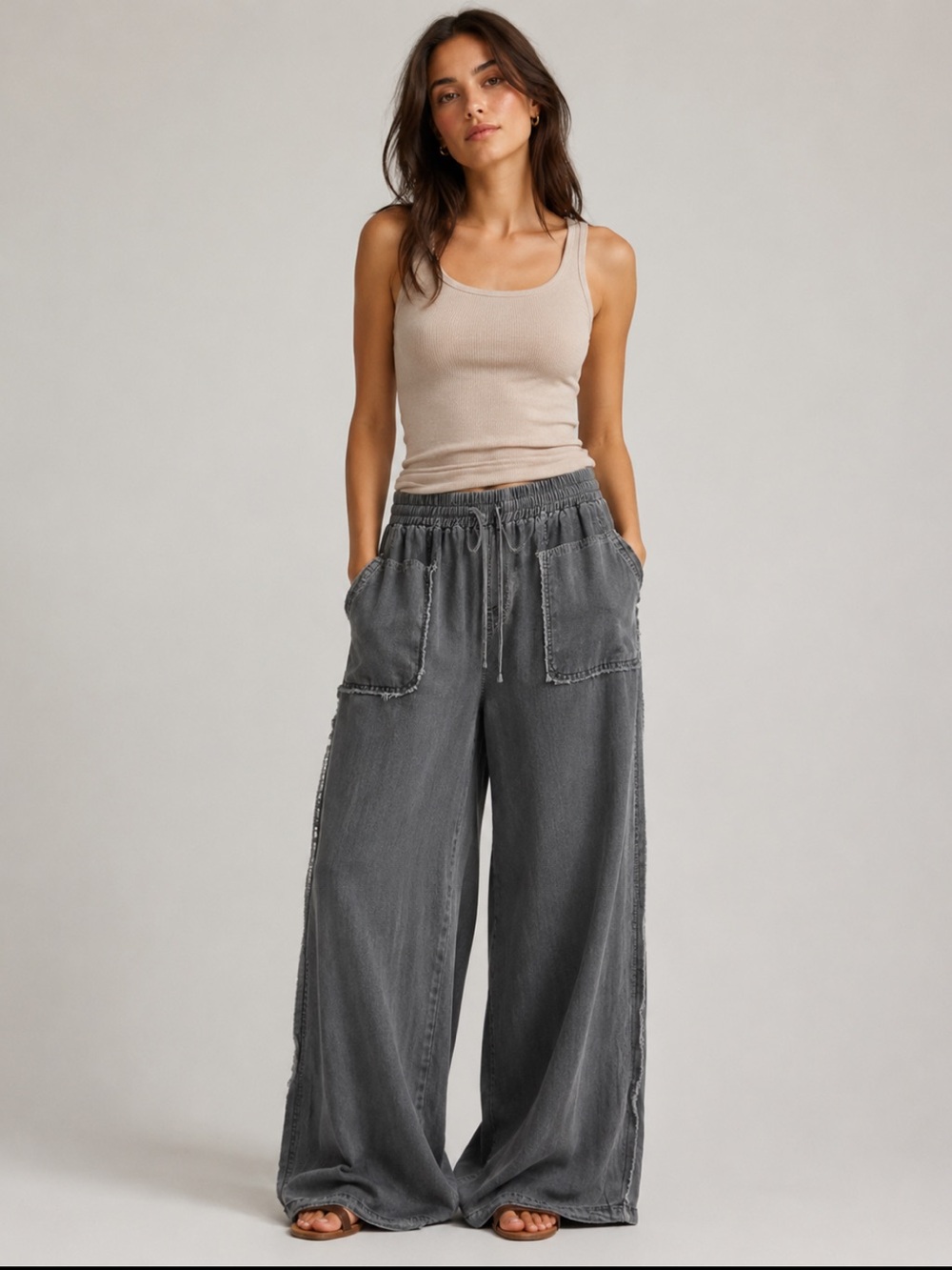 Easel Los Angeles Size L Charcoal Tencel Wide Leg Pants Raw Seam Boho